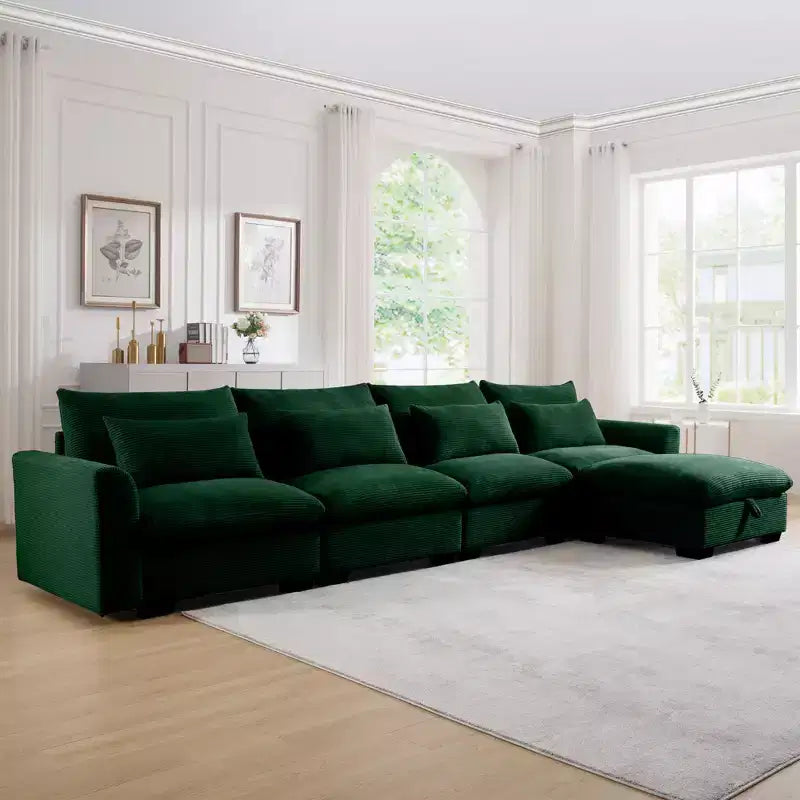 Christopher Knight Home Nelly Divano Sezionale Grande a L in Velluto a Coste 157,5 con Pouf Contenitore e 4 Cuscini Lombari