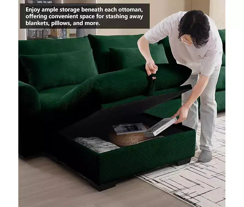 Christopher Knight Home Nelly Divano Sezionale Grande a L in Velluto a Coste 157,5 con Pouf Contenitore e 4 Cuscini Lombari