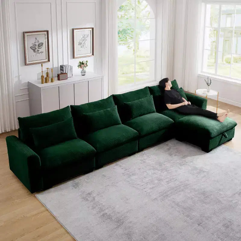 Christopher Knight Home Nelly Divano Sezionale Grande a L in Velluto a Coste 157,5 con Pouf Contenitore e 4 Cuscini Lombari