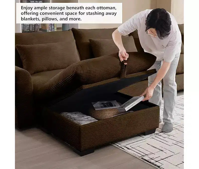 Christopher Knight Home Nelly Divano Sezionale Grande a L in Velluto a Coste 157,5 con Pouf Contenitore e 4 Cuscini Lombari