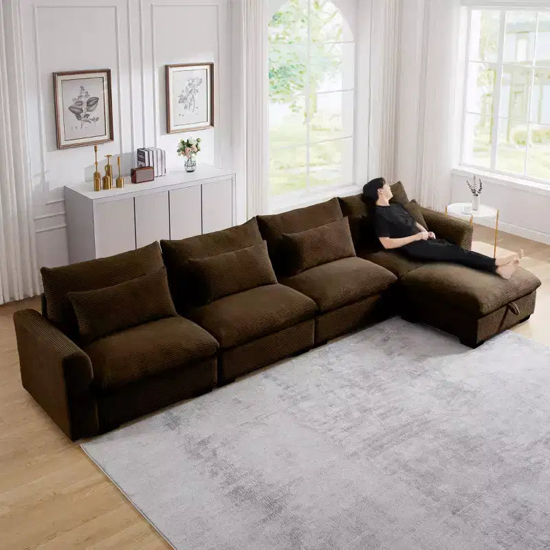Christopher Knight Home Nelly Divano Sezionale Grande a L in Velluto a Coste 157,5 con Pouf Contenitore e 4 Cuscini Lombari
