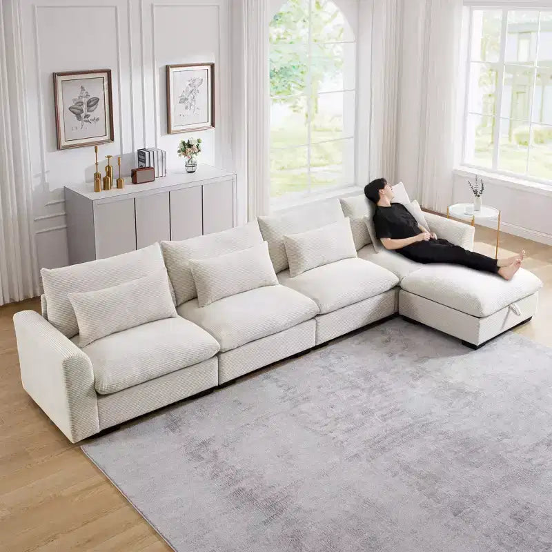Christopher Knight Home Nelly Divano Sezionale Grande a L in Velluto a Coste 157,5 con Pouf Contenitore e 4 Cuscini Lombari