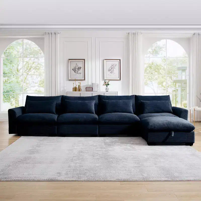 Christopher Knight Home Nelly Divano Sezionale Grande a L in Velluto a Coste 157,5 con Pouf Contenitore e 4 Cuscini Lombari