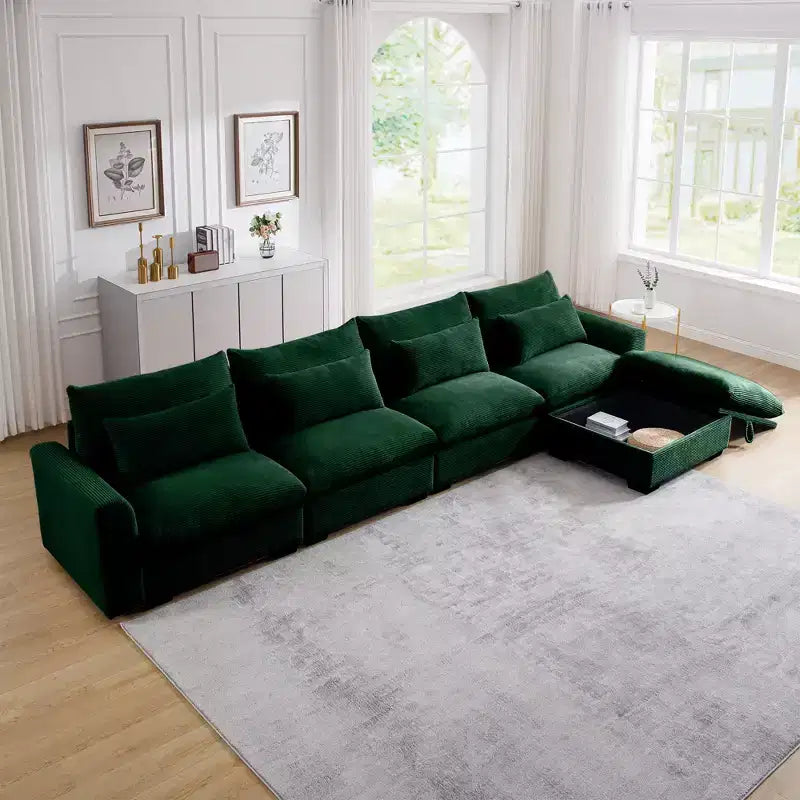 Christopher Knight Home Nelly Divano Sezionale Grande a L in Velluto a Coste 157,5 con Pouf Contenitore e 4 Cuscini Lombari