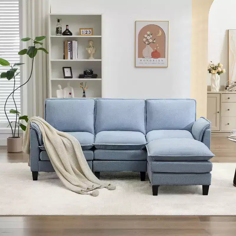 HYLEORY Divano componibile a L moderno in lino e flanella, larghezza 192 cm, con pouf, per soggiorno