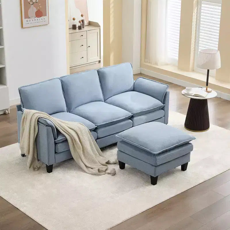 HYLEORY Divano componibile a L moderno in lino e flanella, larghezza 192 cm, con pouf, per soggiorno
