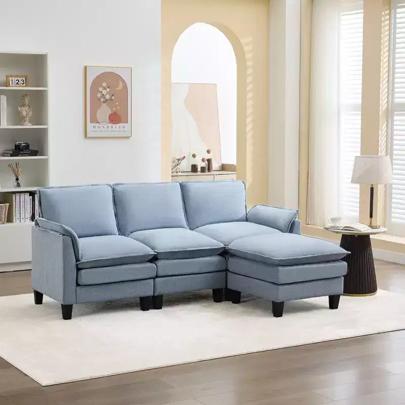 HYLEORY Divano componibile a L moderno in lino e flanella, larghezza 192 cm, con pouf, per soggiorno