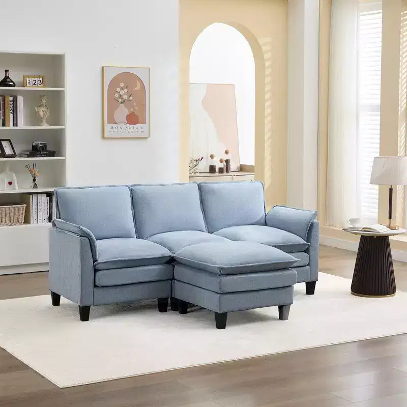 HYLEORY Divano componibile a L moderno in lino e flanella, larghezza 192 cm, con pouf, per soggiorno