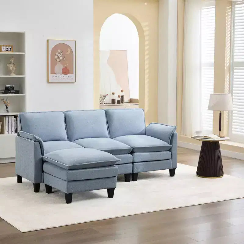 HYLEORY Divano componibile a L moderno in lino e flanella, larghezza 192 cm, con pouf, per soggiorno