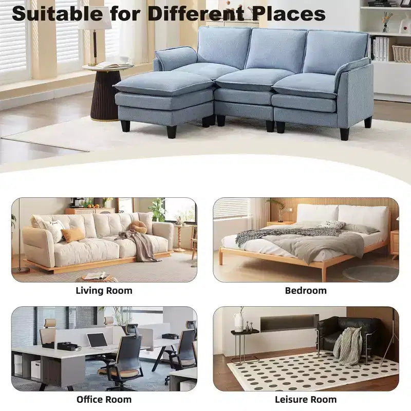 HYLEORY Divano componibile a L moderno in lino e flanella, larghezza 192 cm, con pouf, per soggiorno