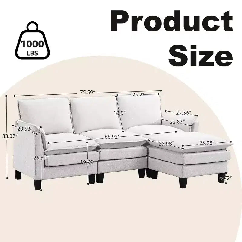 HYLEORY Divano componibile a L moderno in lino e flanella, larghezza 192 cm, con pouf, per soggiorno