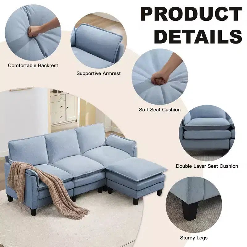 HYLEORY Divano componibile a L moderno in lino e flanella, larghezza 192 cm, con pouf, per soggiorno