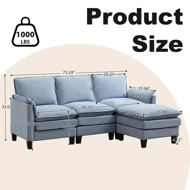 HYLEORY Divano componibile a L moderno in lino e flanella, larghezza 192 cm, con pouf, per soggiorno