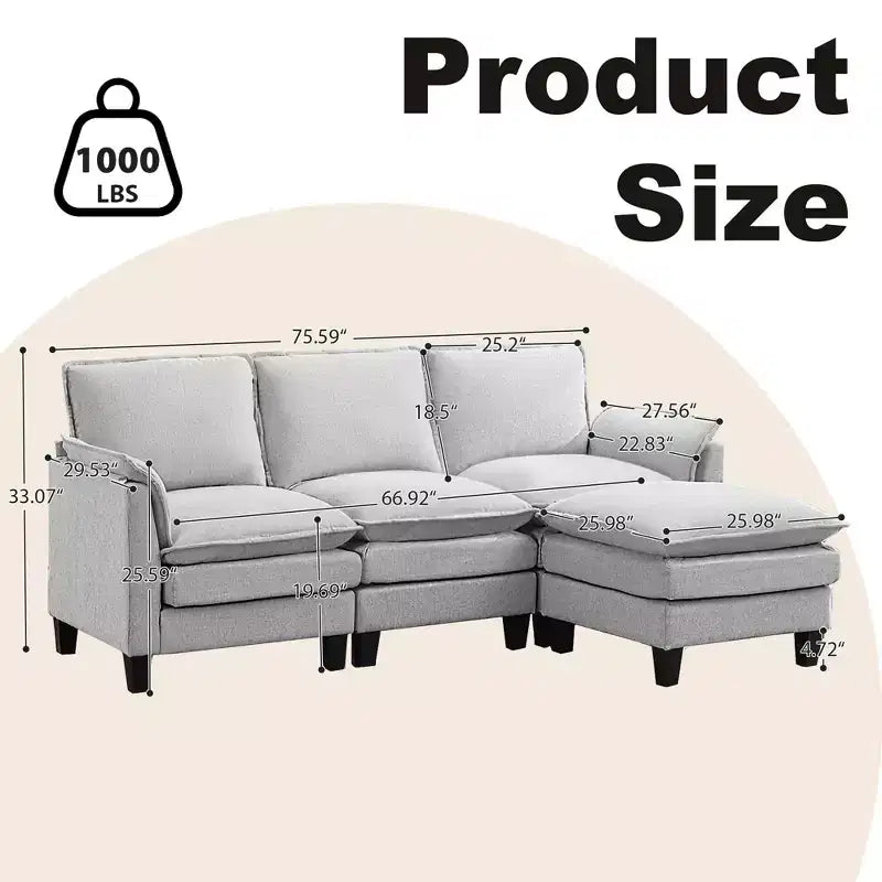HYLEORY Divano componibile a L moderno in lino e flanella, larghezza 192 cm, con pouf, per soggiorno