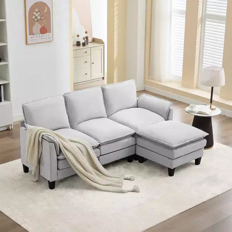 HYLEORY Divano componibile a L moderno in lino e flanella, larghezza 192 cm, con pouf, per soggiorno