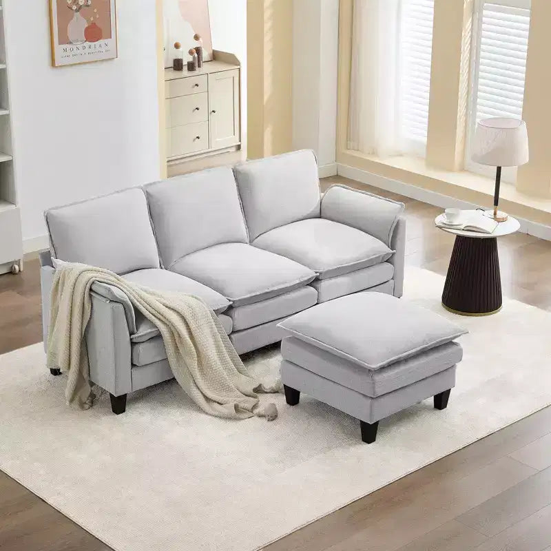 HYLEORY Divano componibile a L moderno in lino e flanella, larghezza 192 cm, con pouf, per soggiorno