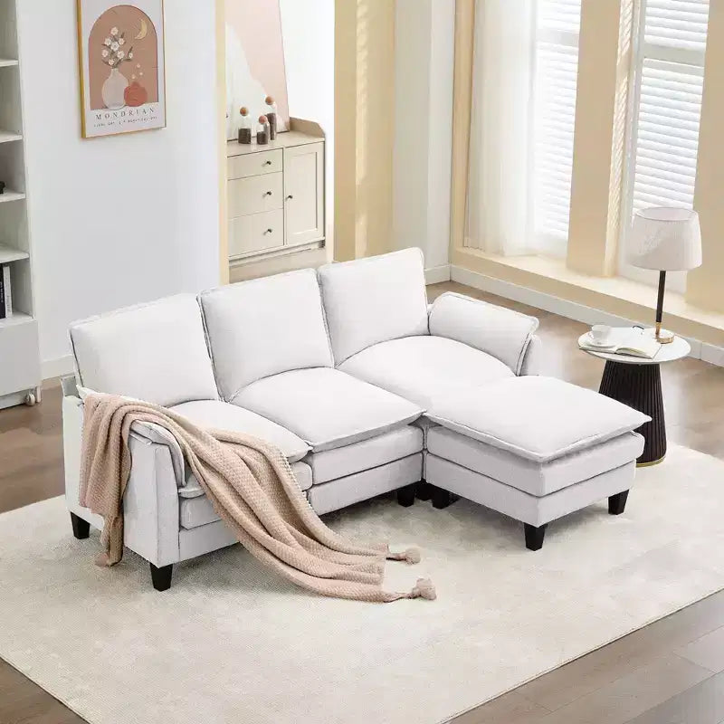 HYLEORY Divano componibile a L moderno in lino e flanella, larghezza 192 cm, con pouf, per soggiorno
