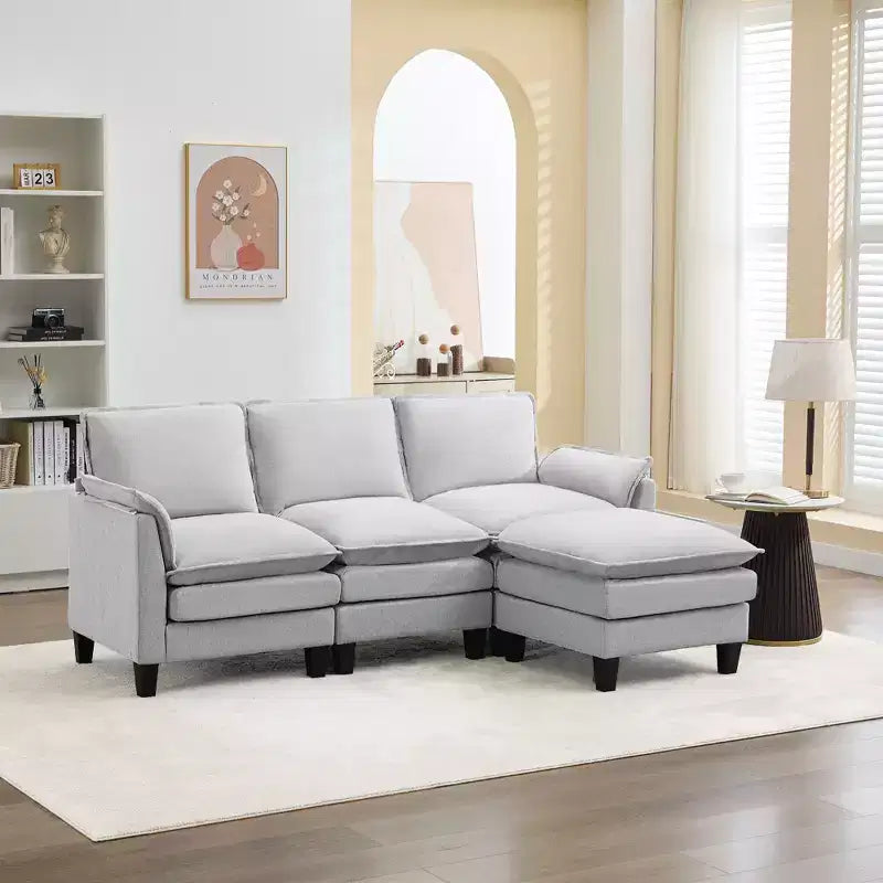 HYLEORY Divano componibile a L moderno in lino e flanella, larghezza 192 cm, con pouf, per soggiorno