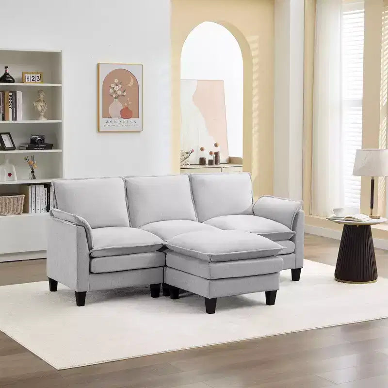 HYLEORY Divano componibile a L moderno in lino e flanella, larghezza 192 cm, con pouf, per soggiorno