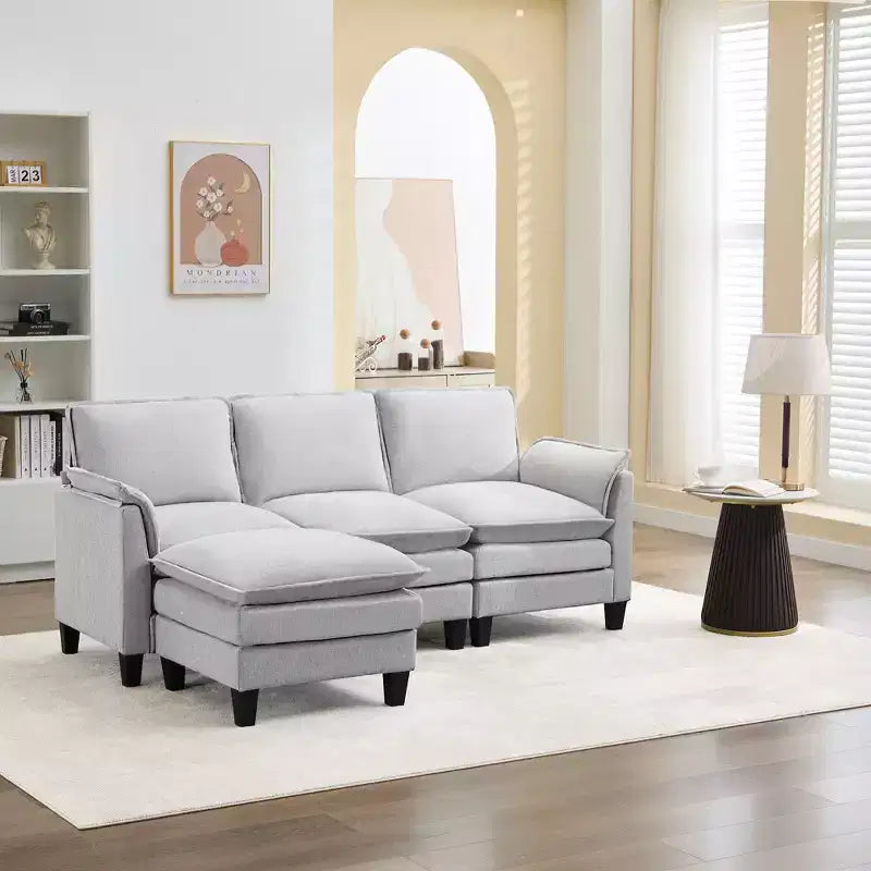 HYLEORY Divano componibile a L moderno in lino e flanella, larghezza 192 cm, con pouf, per soggiorno