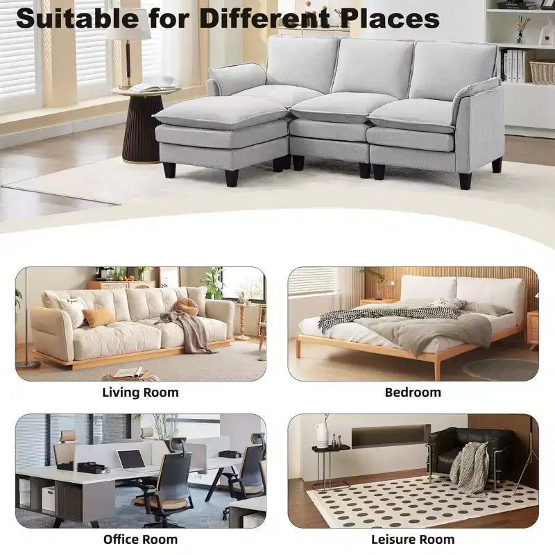 HYLEORY Divano componibile a L moderno in lino e flanella, larghezza 192 cm, con pouf, per soggiorno