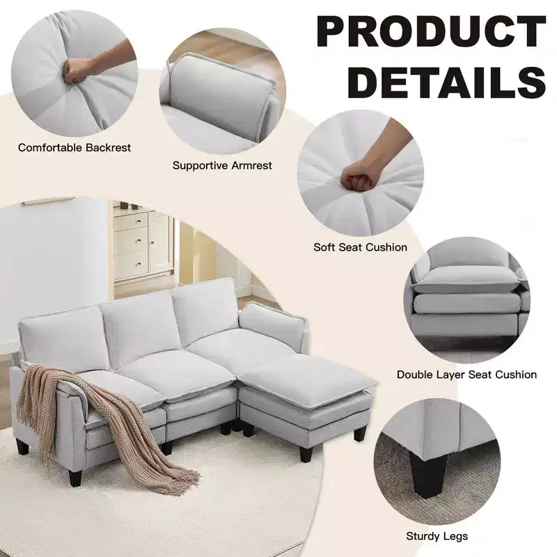 HYLEORY Divano componibile a L moderno in lino e flanella, larghezza 192 cm, con pouf, per soggiorno