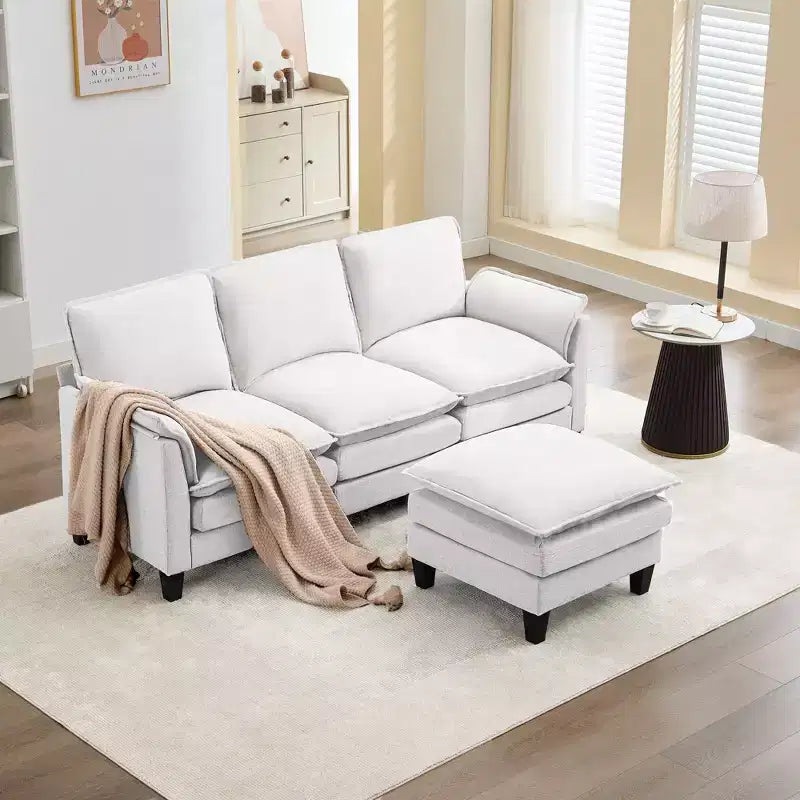 HYLEORY Divano componibile a L moderno in lino e flanella, larghezza 192 cm, con pouf, per soggiorno