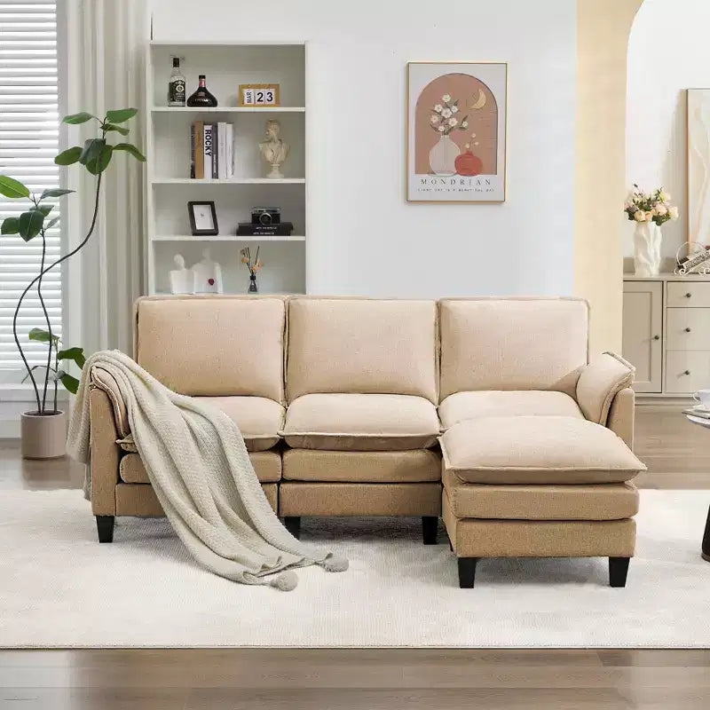 HYLEORY Divano componibile a L moderno in lino e flanella, larghezza 192 cm, con pouf, per soggiorno