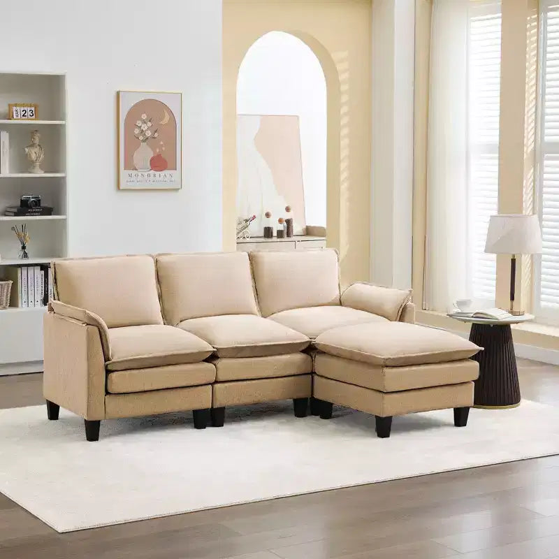 HYLEORY Divano componibile a L moderno in lino e flanella, larghezza 192 cm, con pouf, per soggiorno
