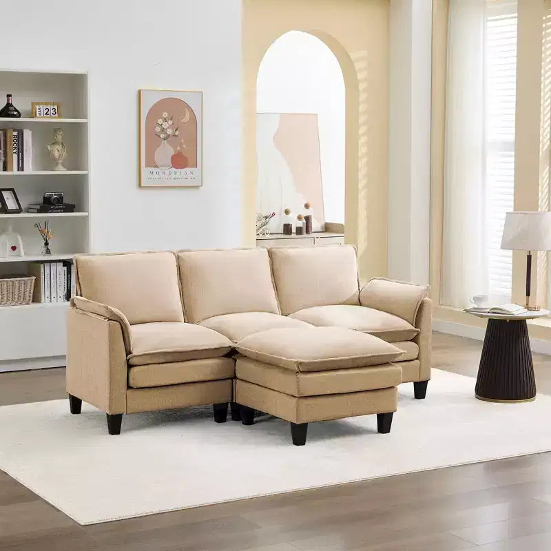 HYLEORY Divano componibile a L moderno in lino e flanella, larghezza 192 cm, con pouf, per soggiorno