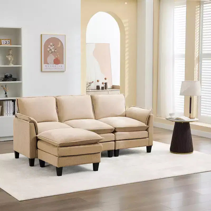 HYLEORY Divano componibile a L moderno in lino e flanella, larghezza 192 cm, con pouf, per soggiorno