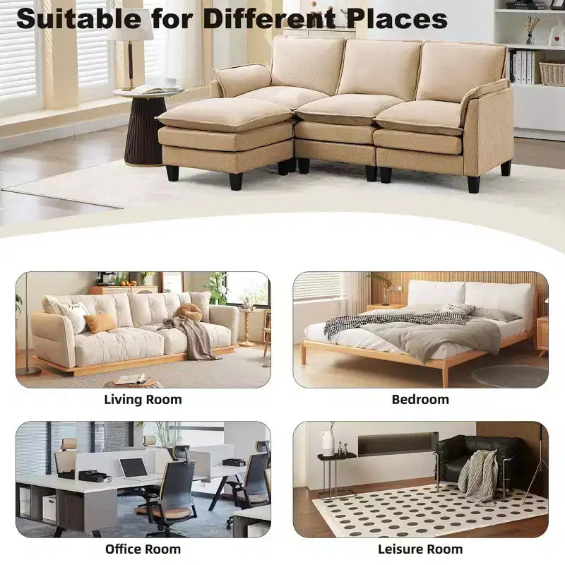 HYLEORY Divano componibile a L moderno in lino e flanella, larghezza 192 cm, con pouf, per soggiorno
