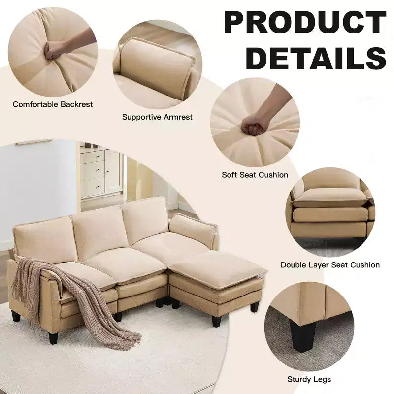 HYLEORY Divano componibile a L moderno in lino e flanella, larghezza 192 cm, con pouf, per soggiorno