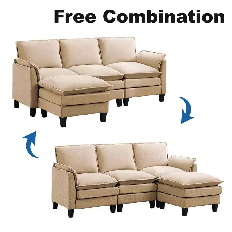HYLEORY Divano componibile a L moderno in lino e flanella, larghezza 192 cm, con pouf, per soggiorno