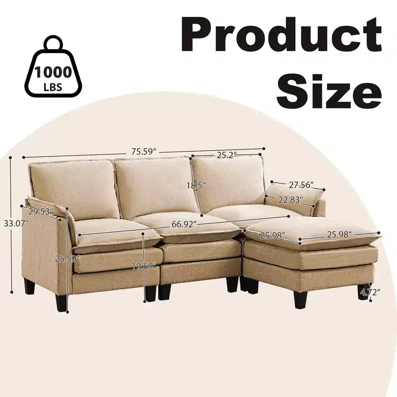 HYLEORY Divano componibile a L moderno in lino e flanella, larghezza 192 cm, con pouf, per soggiorno