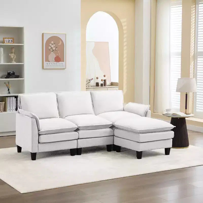HYLEORY Divano componibile a L moderno in lino e flanella, larghezza 192 cm, con pouf, per soggiorno