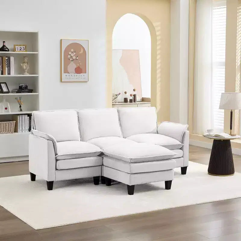 HYLEORY Divano componibile a L moderno in lino e flanella, larghezza 192 cm, con pouf, per soggiorno