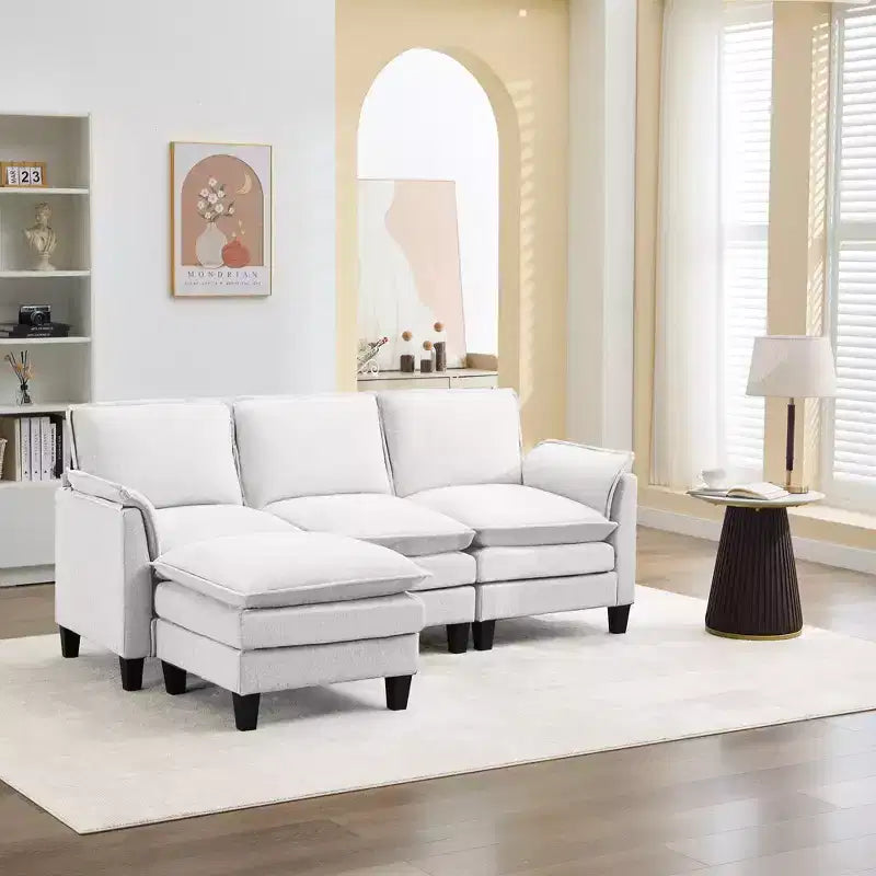 HYLEORY Divano componibile a L moderno in lino e flanella, larghezza 192 cm, con pouf, per soggiorno