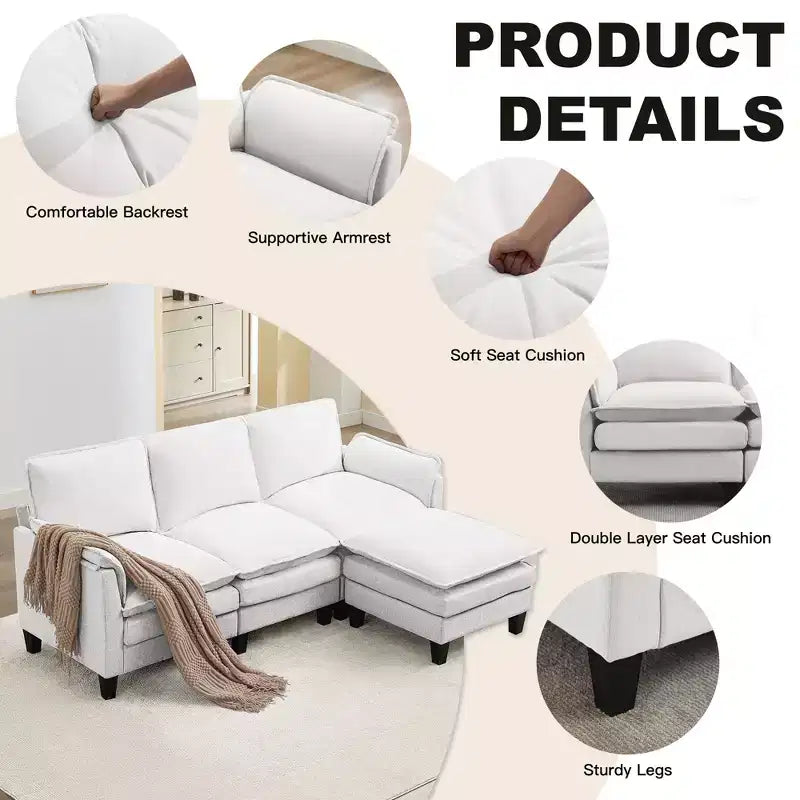 HYLEORY Divano componibile a L moderno in lino e flanella, larghezza 192 cm, con pouf, per soggiorno