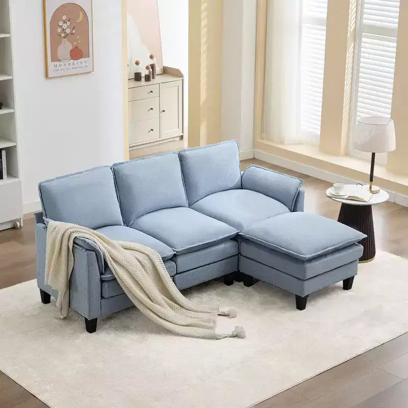 HYLEORY Divano componibile a L moderno in lino e flanella, larghezza 192 cm, con pouf, per soggiorno