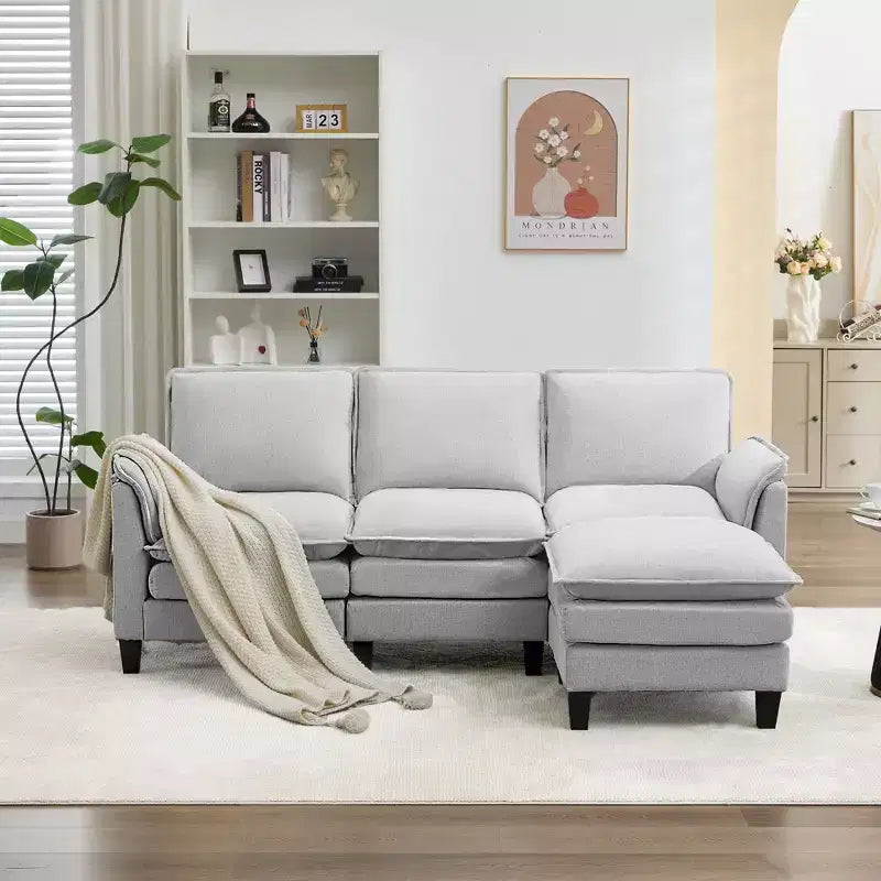 HYLEORY Divano componibile a L moderno in lino e flanella, larghezza 192 cm, con pouf, per soggiorno
