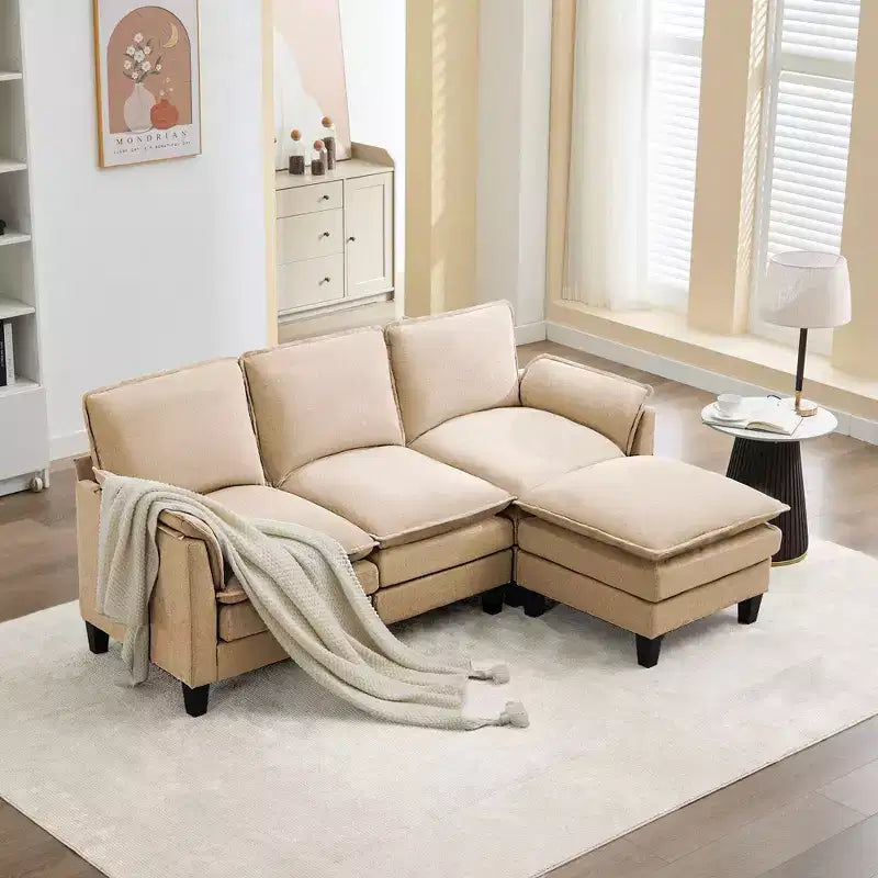 HYLEORY Divano componibile a L moderno in lino e flanella, larghezza 192 cm, con pouf, per soggiorno