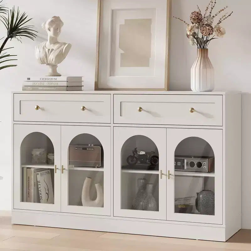 Heynemo Madia, Madia con Ripiani Regolabili e 4 Ante, Credenza da Cucina con 2 Cassetti, Tavolino da Caffè in Legno, Bianco