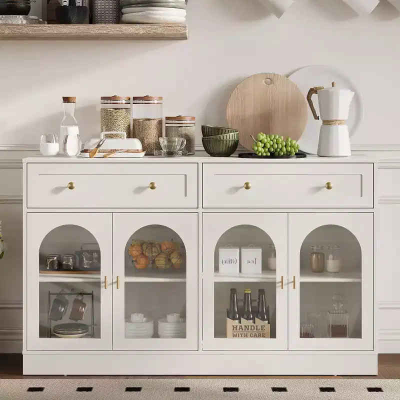 Heynemo Madia, Madia con Ripiani Regolabili e 4 Ante, Credenza da Cucina con 2 Cassetti, Tavolino da Caffè in Legno, Bianco