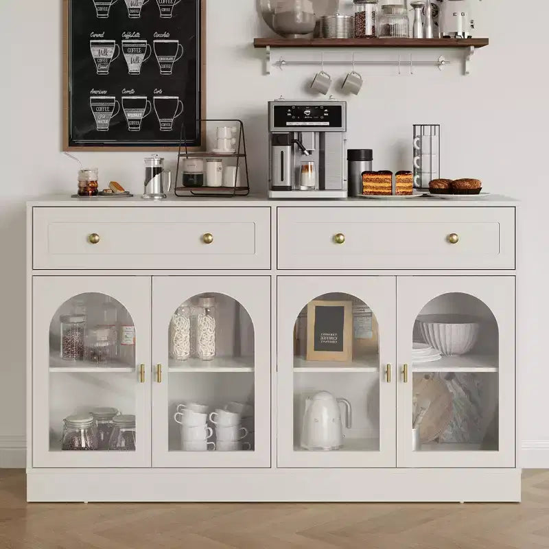 Heynemo Madia, Madia con Ripiani Regolabili e 4 Ante, Credenza da Cucina con 2 Cassetti, Tavolino da Caffè in Legno, Bianco