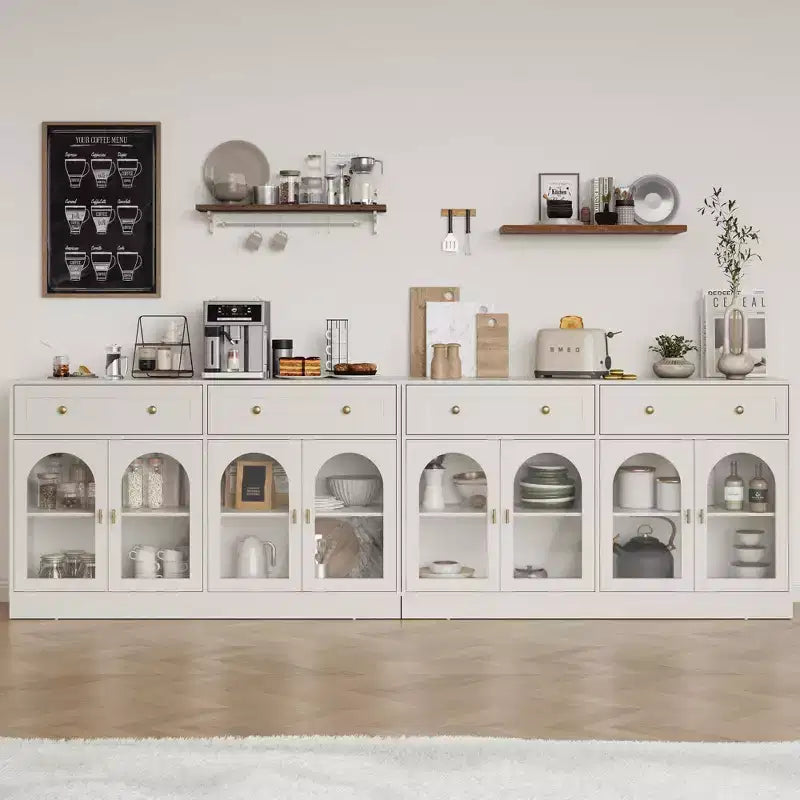 Heynemo Madia, Madia con Ripiani Regolabili e 4 Ante, Credenza da Cucina con 2 Cassetti, Tavolino da Caffè in Legno, Bianco