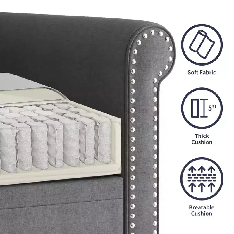Divano moderno a 3 posti Mjkone in tessuto di lino con design a rivetti