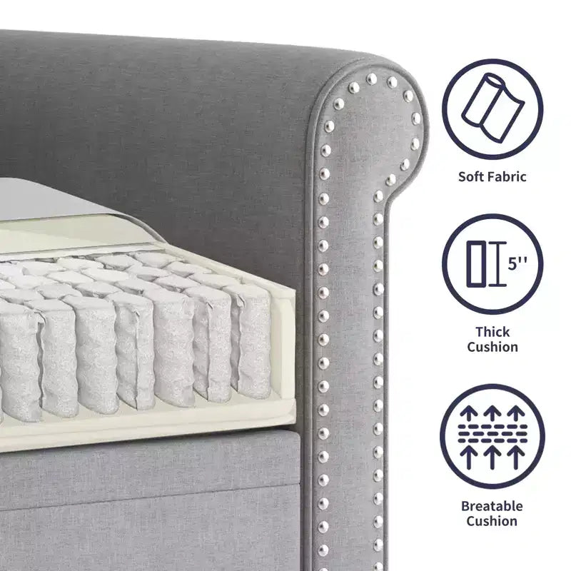 Divano moderno a 3 posti Mjkone in tessuto di lino con design a rivetti
