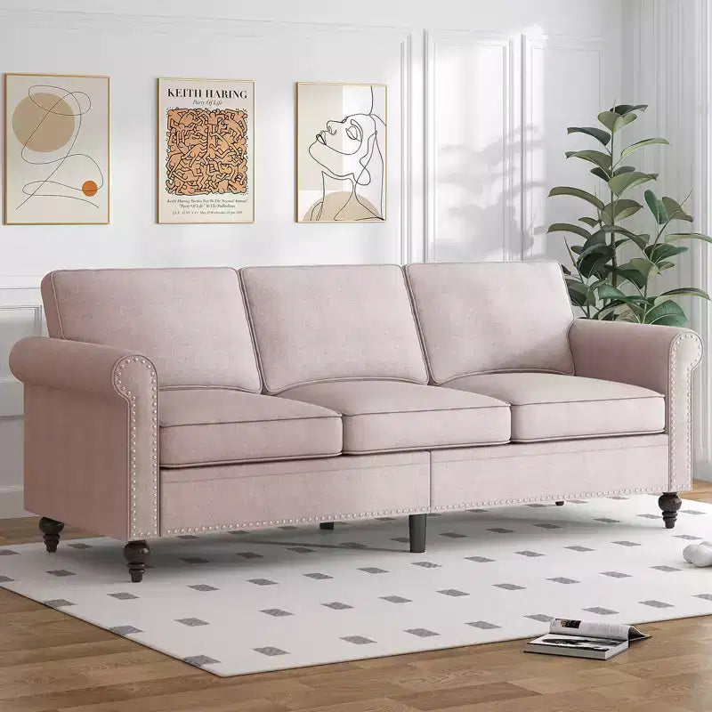 Divano moderno a 3 posti Mjkone in tessuto di lino con design a rivetti