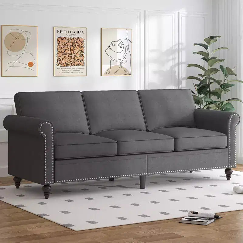 Divano moderno a 3 posti Mjkone in tessuto di lino con design a rivetti